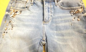 Embellished step-hem distressed jeans in light wash by AQUA