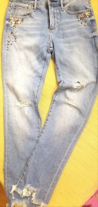 Embellished step-hem distressed jeans in light wash by AQUA