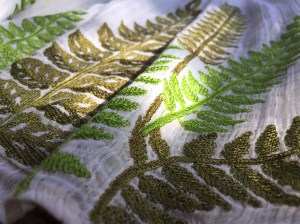 Fern embroideries in two shades of green on Botanical Peasat Top by Ranna Gill from Anthropologie