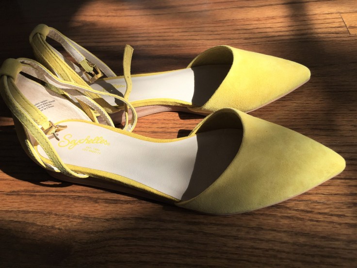 Yellow pointy flat with ankle strap by Seychelle